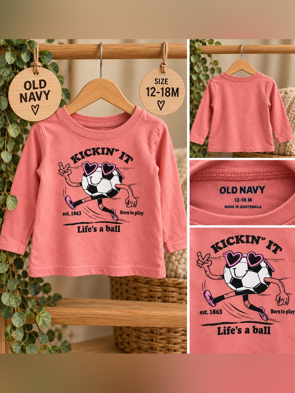 ⚽ Old Navy Baby Girl “Kickin’ It” Soccer Long Sleeve Top – 12–18M 💗